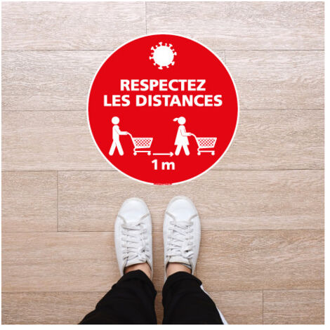 SIGNALISATION AU SOL COVID 19 CORONAVIRUS SPECIAL COMMERCES - RESPECTEZ UNE DISTANCE DE SECURITE - Distance de 1m - Diamètre 250 mm (1/4)