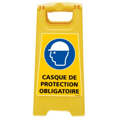Chevalet de signalisation, attention avertissement casques de protection obligatoire - Chevalet jaune (1/5)