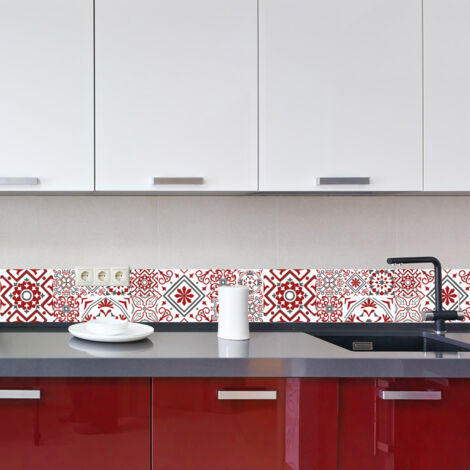 Crédence cuisine en aluminium - Pose autocollante Bisknight Rouge, blanc et gris - 100 x 20 cm (1/4)