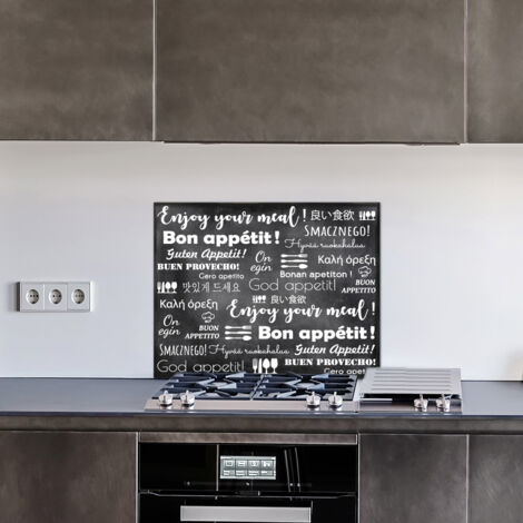 Crédence cuisine en aluminium - Pose autocollante ENJOY Noir et blanc Bon appétit en plusieurs langues - 90 x 70 cm – Idéal fond de hotte (1/4)
