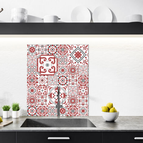 Crédence cuisine en aluminium - Pose autocollante Bisknight Rouge, blanc et gris - 60 x 70 cm – Idéal fond de hotte (1/4)