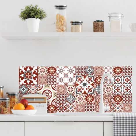 Signaletique.Biz France – Crédence de cuisine adhésive autocollante effet carreaux de ciment rouge – 120 x 50 cm – Facile à poser – Protection murale moderne (1/3)