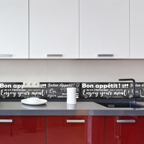 Crédence cuisine en aluminium - Pose autocollante ENJOY Noir et blanc Bon appétit en plusieurs langues - 100 x 20 cm (1/4)