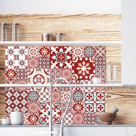 Crédence cuisine adhésive autocollante e effet carreaux de ciment rouge REDMONKY - 90 x 70 cm – Idéal fond de hotte (1/3)