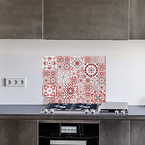 Crédence cuisine en aluminium - Pose autocollante Bisknight Rouge, blanc et gris - 90 x 70 cm – Idéal fond de hotte (1/4)