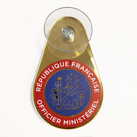 Signaletique.Biz France – Macaron voiture huissier de justice – Verre acrylique doré avec ventouse – Installation facile sur pare-brise – Design cocarde tricolore