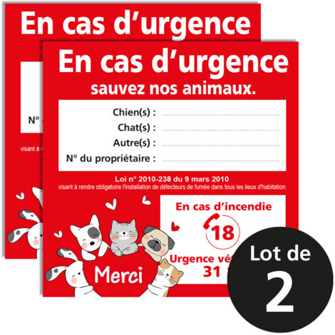 Lot de 2 stickers cœur animaux à sauver – En cas d’urgence – À compléter – 10 x 10 cm – Sécurité maison et animaux