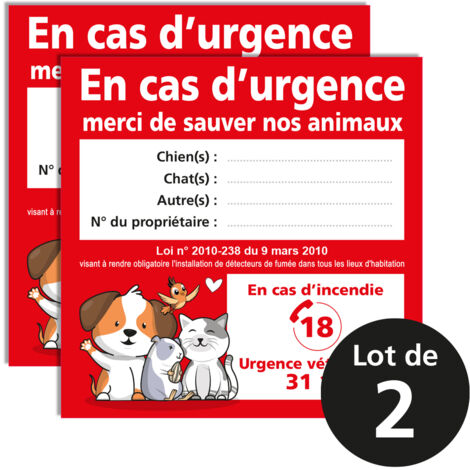 Lot de 2 stickers animaux cartoon à sauver – En cas d’urgence – Format 10 x 10 cm – À compléter – Avec numéros secours