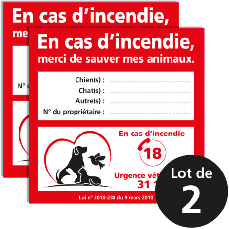 Lot de 2 stickers animaux à sauver en cas d’incendie – À compléter – Format 10 x 10 cm – stickers sobre sécurité maison