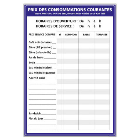 Affichage obligatoire Prix des Consommations Courantes – Panneau 210 x 300 mm adhésif (G1305)