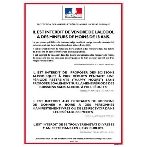 Affichage obligatoire – Interdiction de vente d’alcool aux mineurs – Débits de boisson – Prévention alcool – Panneau Adhésif 150x210 mm