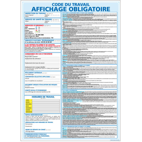 Panneau Affichage Obligatoire – Code du Travail – 350 x 125 mm – PVC 1,5 mm