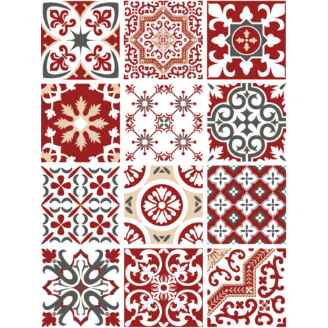 Stickers Carreaux de Ciment REDMONKY – Planche de 12 Autocollants Muraux – 20 x 20 cm