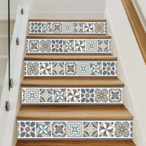 Signaletique.Biz France – Lot de 4 contremarches décoratives en PVC 1 mm – 1 m x 15 cm – Motif carreaux de ciment beige et gris – Résistantes à l'humidité et aux chocs