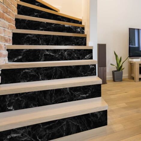 Lot de 4 Contremarches PVC 1 mm Aspect Marbre Noir – 1 m x 15 cm – Plaques Décoratives Rigides pour Escalier