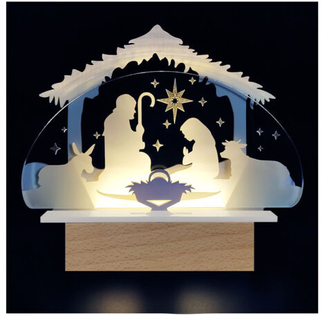 Crèche de Noël lumineuse LED 3D – Scène de la Nativité en plexiglas et bois clair – Dimensions 25 x 20 cm – Fabrication artisanale française – Adzif.Biz Le Sticker De Decoration (1/5)