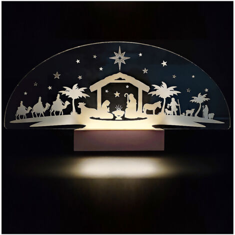 Crèche de Noël lumineuse LED 3D – Scène de la Nativité en plexiglas 5 mm sur socle bois – Dimensions 40 x 19 cm – Fabrication artisanale française – Adzif.Biz Le Sticker De Decoration (1/4)