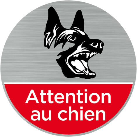 Pictogramme Attention au chien (Q0469).- Adhésif aspect aluminium brossé - Diamètre 83 mm