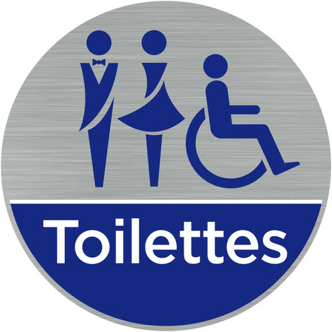 Pictogramme Toilettes mixtes handicapés (Q0463).- Adhésif aspect aluminium brossé - Diamètre 83 mm