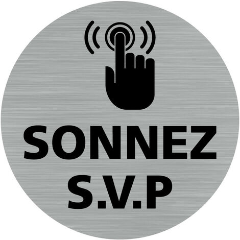 Pictogramme Sonnez S.- Adhésif aspect aluminium brossé - Diamètre 83 mm
