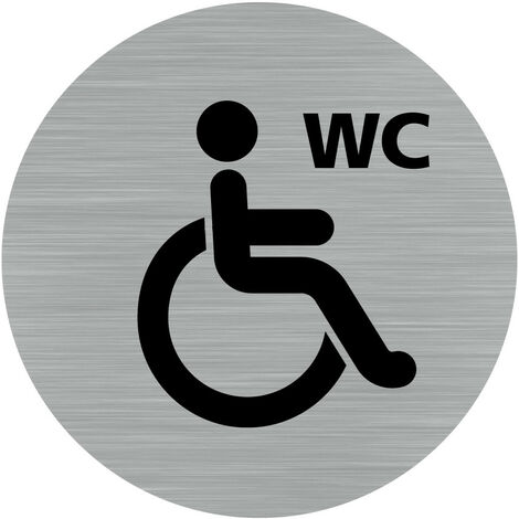 Pictogramme WC Handicapé et PMR (Q0183).- Adhésif aspect aluminium brossé - Diamètre 76 mm
