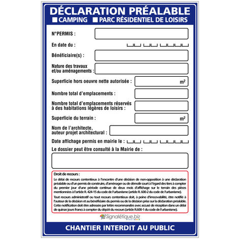 Panneau Déclaration préalable Camping et Parc Résidentiel + Marqueur noir (W1035). Avec oeillets . - Avec oeillets (1/5)