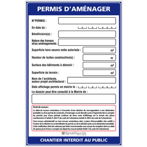 Signaletique.Biz France – Panneau permis d'aménager 80 x 120 cm en Akilux 3,5 mm – Marqueur noir indélébile fourni – Outil d'information pour chantiers - W1038