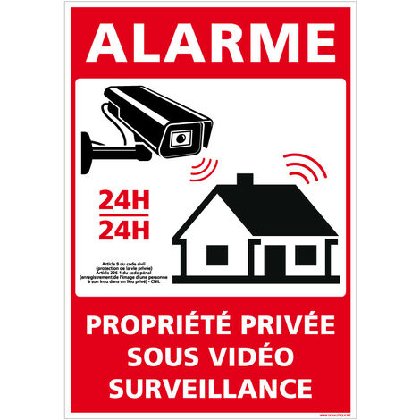 Panneau Alarme - Propriété Privée sous Vidéo Surveillance 24h/24 avec Loi. G1651. Sticker alarme, panneaux PVC, alu - Adhésif - 210 x 300 mm