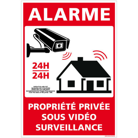 Panneau Alarme - Propriété Privée sous Vidéo Surveillance 24h/24 avec Loi. G1651. Sticker alarme, panneaux PVC, alu - Plastique PVC 1 mm - 210 x 300 mm