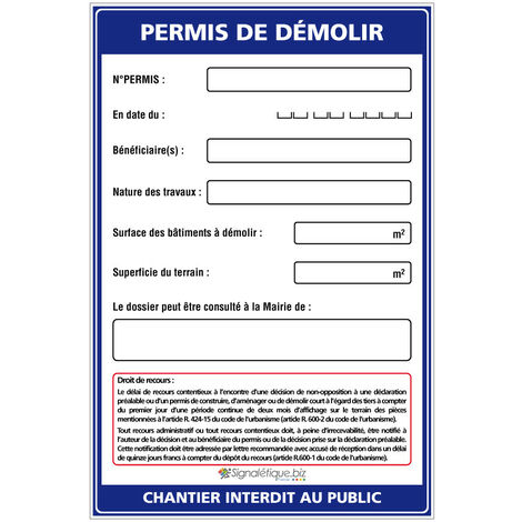 Panneau Permis de démolir + Marqueur noir (W1045). Avec oeillets .  - Avec oeillets