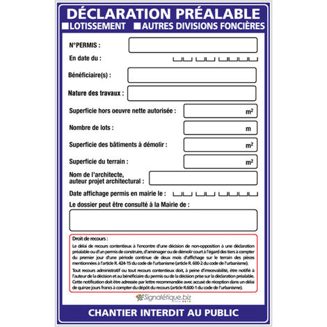 Signaletique.Biz France – Panneau d'information déclaration préalable 120 x 80 cm – Akilux 3,5 mm – Avec œillets pour fixation – Marqueur noir inclus - W1036