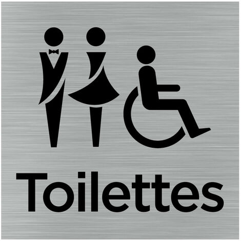 Pictogramme Toilettes Mixtes (Q1051). Signalisation Porte 150 x 150 mm. Autocollant souple ou plaque alu brossé 2 mm ep. - Adhésif aspect aluminium brossé