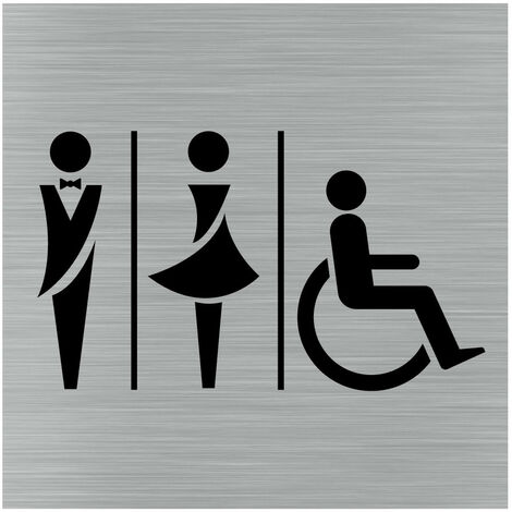 Signaletique.Biz France – Plaque de porte pictogramme toilettes hommes/femmes/pmr 150 x 150 mm – Aluminium brossé – Signalétique claire pour espaces publics