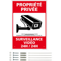 Panneau de signalisation prépercé PVC ou ALU rectangulaire + kit de fixation - Propriété privée, surveillance vidéo 24h/24h - PVC 1 mm - 150 x 210 mm