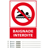 Panneau de signalisation prépercé PVC ou ALU rectangulaire + kit de fixation - Baignade interdite - PVC 1 mm - 210 x 300 mm