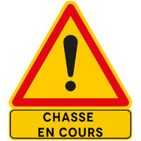 Signaletique.Biz France – Panneau de signalisation chasse en cours 70x80cm – Comacel 5mm résistant aux intempéries – Signalisation temporaire pour sécurité randonneurs