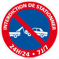 Panneau de Signalisation Autocollant. Panneau Interdiction. Panneau Parking, Panneau d'information Adhésif souple - Interdiction de stationner 24h24 7j7 - Diamètre 350 mm