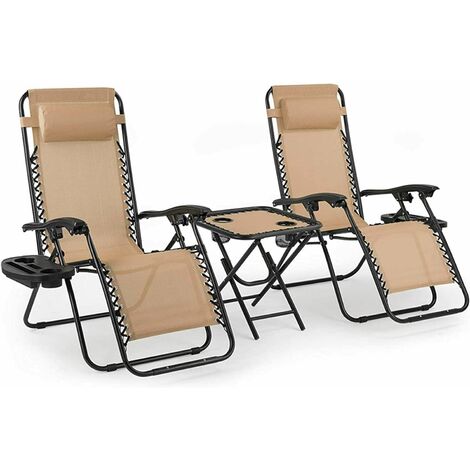 GIZCAM 3PC Folding Zero Gravity Garden Chairs Sun Lounger Table Set W/ Cup Holder Beige