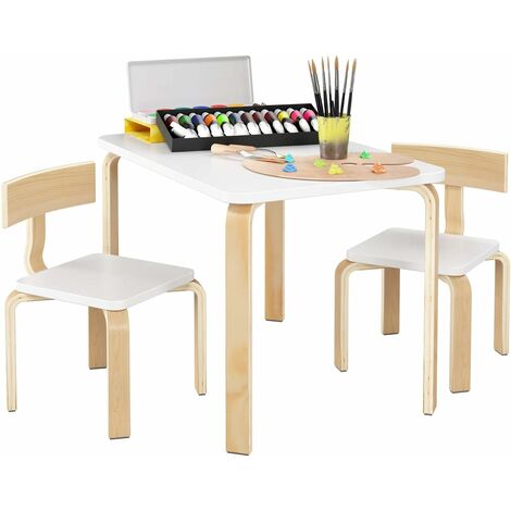 GIZCAM Kids Table and Chairs Set, Wooden Children Chairs Toddler Table Multifunctional Playing Desk 2 Chairs Activity Table White for Arts Drawing Dining Study (White)