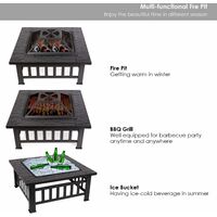 GIZCAM Fire Pit Table Outdoor with BBQ Grill Shelf, Multifunctional Garden Terrace Fire Bowl Heater/BBQ/Ice Pit, 32" Diameter Square Fireplace with Waterproof Cover