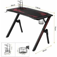GIZCAM Gaming Computer Table, K-Style, with Cup Holder Headphone Hook 110x59x75cm Black