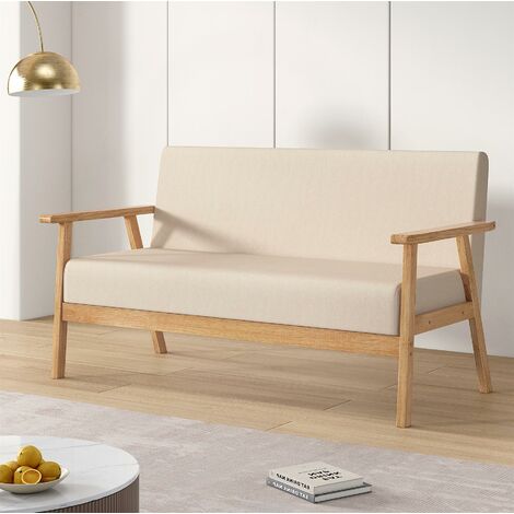 MCC direct 3 Seater Sofa, Armchair Modern Wooden Linen Fabric Sofa Upholstered Comfortable Padded Seat for Home Office, Couch Reception Bedroom BEIGE