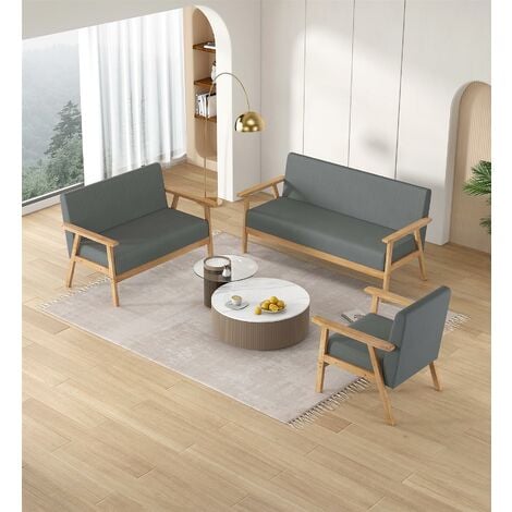 MCC direct 3 Seater Sofa, Armchair Modern Wooden Linen Fabric Sofa Upholstered Comfortable Padded Seat for Home Office, Couch Reception Bedroom BEIGE