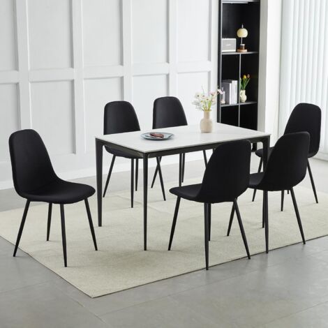 Set of 6 Linen Fabric Dining Chairs with Upholstered Seat and Metal Legs-Bella BLACK