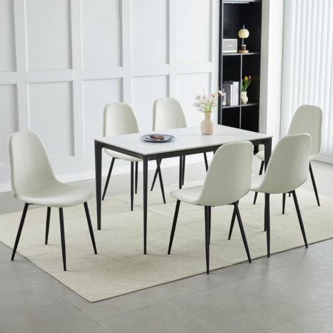 Set of 6 Linen Fabric Dining Chairs with Upholstered Seat and Metal Legs-Bella BEIGE