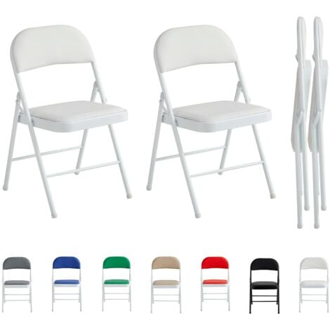 Set of 2 Faux Leather Foldable Chair with Metal Frame and Padded Seat WHITE