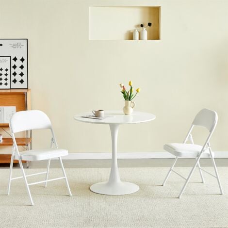 Set of 2 Faux Leather Foldable Chair with Metal Frame and Padded Seat WHITE