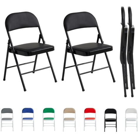 Set of 2 Faux Leather Foldable Chair with Metal Frame and Padded Seat BLACK