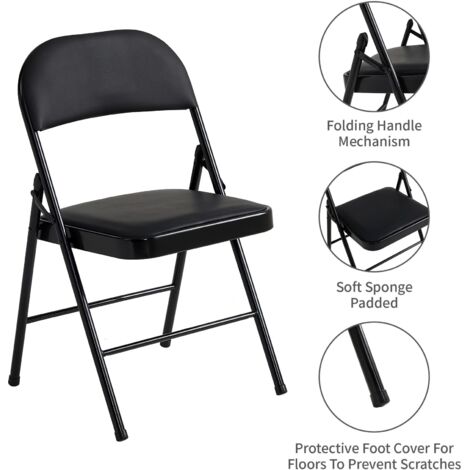 Set of 2 Faux Leather Foldable Chair with Metal Frame and Padded Seat BLACK