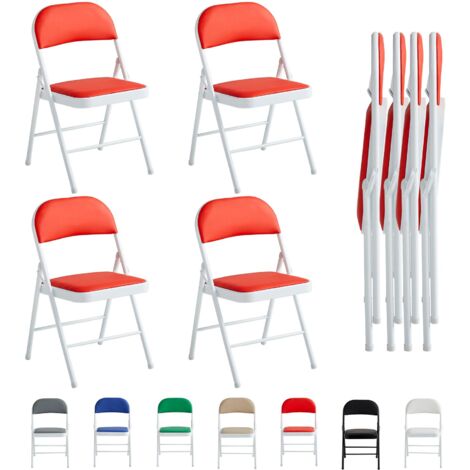 Set of 4 Faux Leather Foldable Chair with Metal Frame and Padded Seat RED